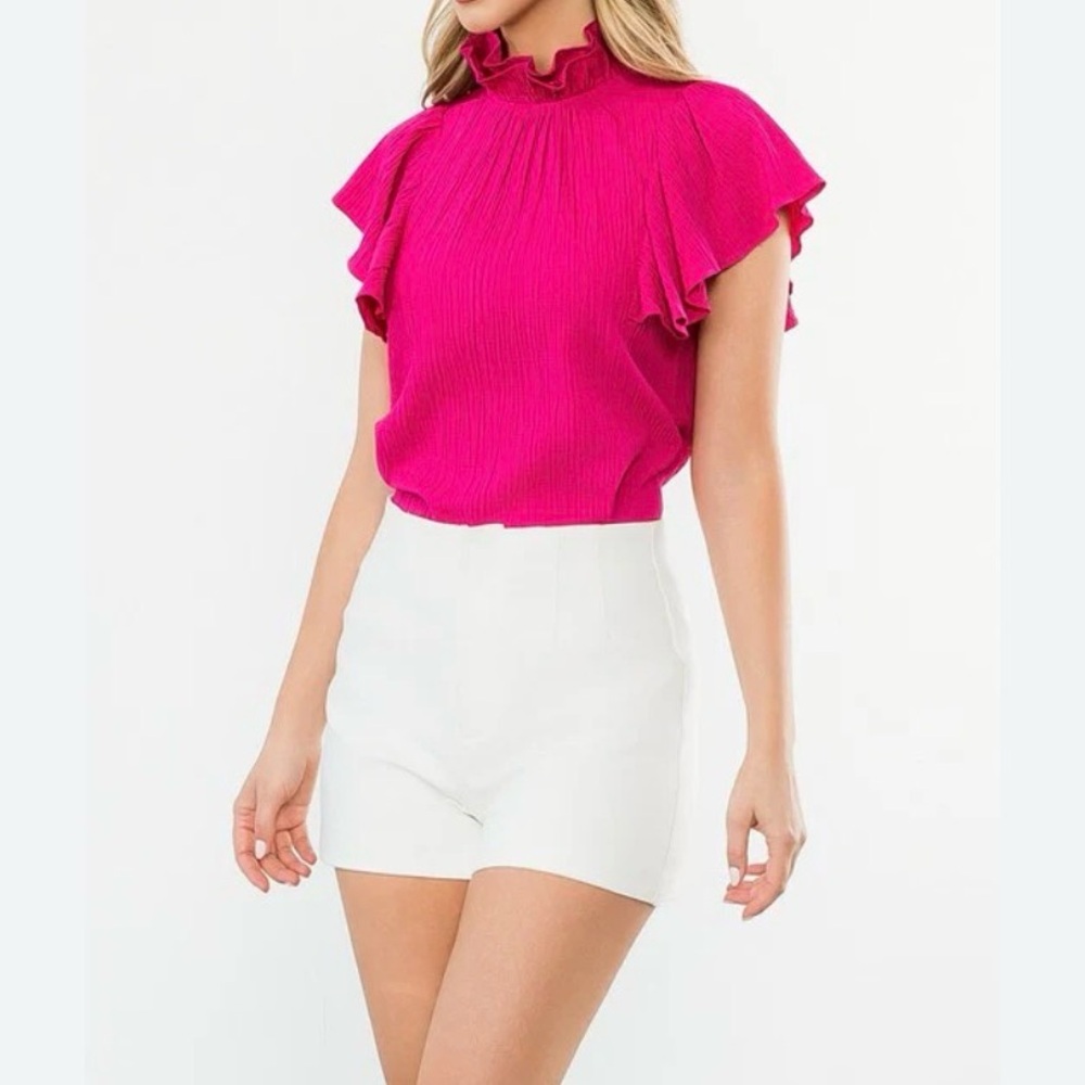 THML Fuchsia Pink Flutter Ruffle Sleeve Collar Crinkle Blouse Top Shirt Small S